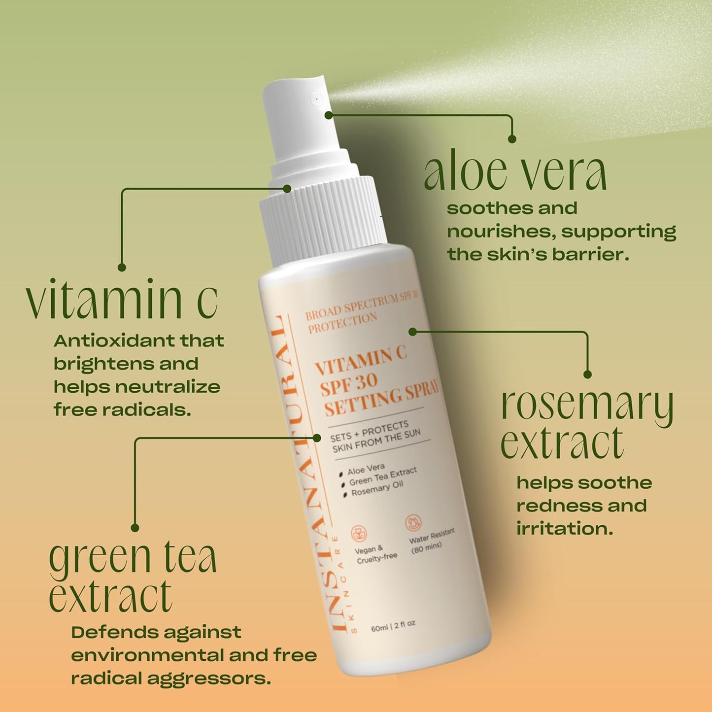 InstaNatural Skin Care Vitamin C SPF 30 Broad Spectrum Sunscreen Make Up Setting Spray, Brightens & Hydrates, UVA, UVB Sun Protection Sunblock, with Aloe Vera & Botanicals, Pump Bottle, 2 Fl Oz