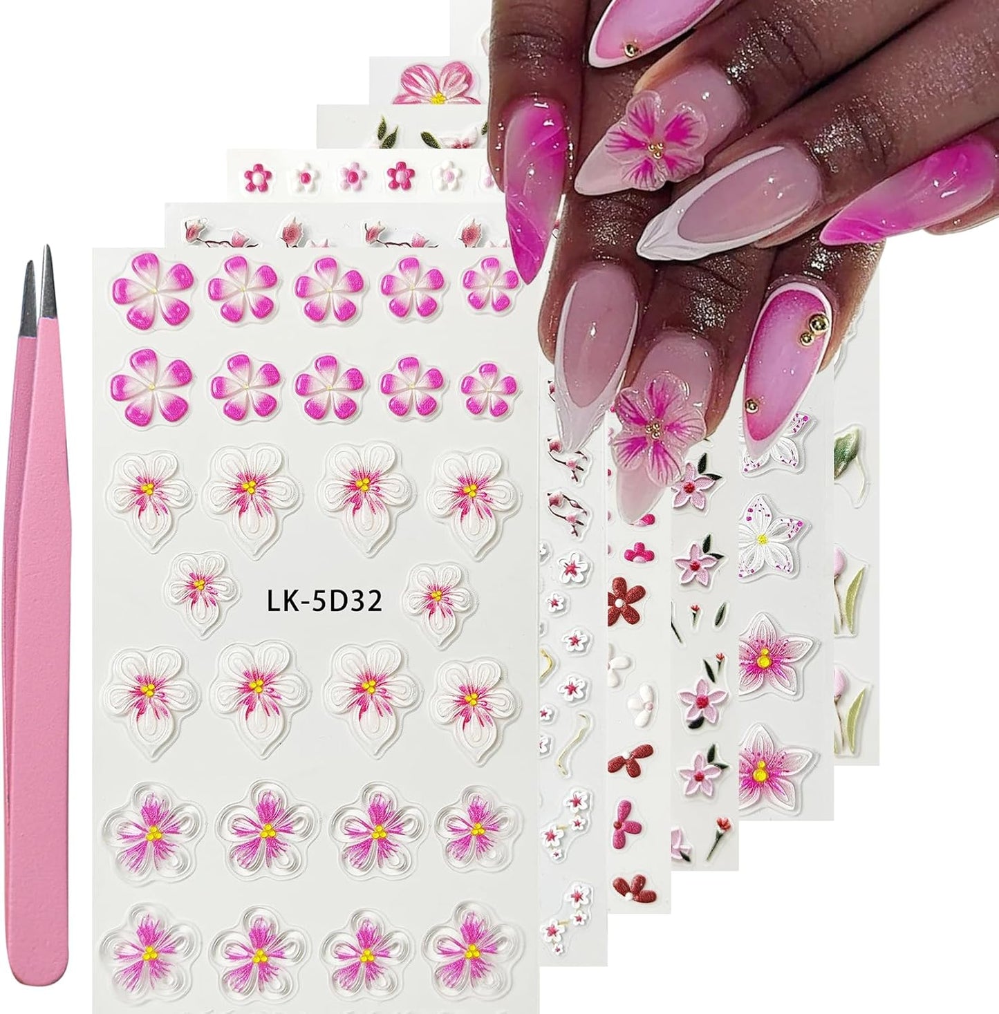 Nail Art Stickers Decals 5D Embossed Flower Nail Decals Self Adhesive Spring Summer Plumeria Tulip Supplies 3D Nails Design for Women Decoration Pink Flower Nails Sticker