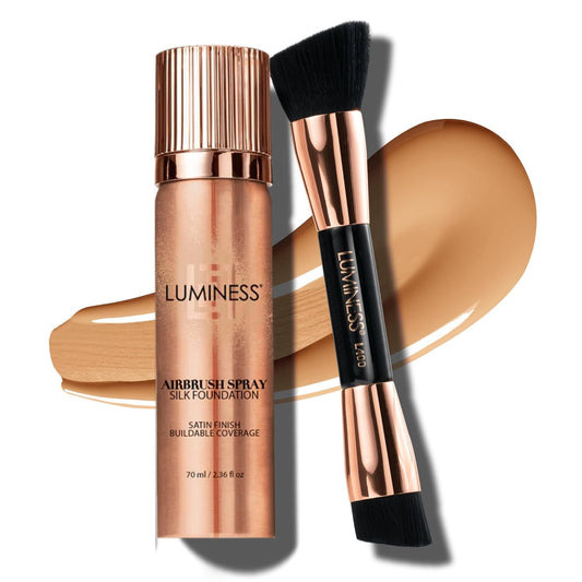 LUMINESS Silk Airbrush Spray Foundation & Buffing Brush Kit – Full Coverage Foundation & Dual-Sided Buffing Brush - Buildable Coverage, Anti-Aging Formula Hydrates & Moisturizes (Shade - Medium)
