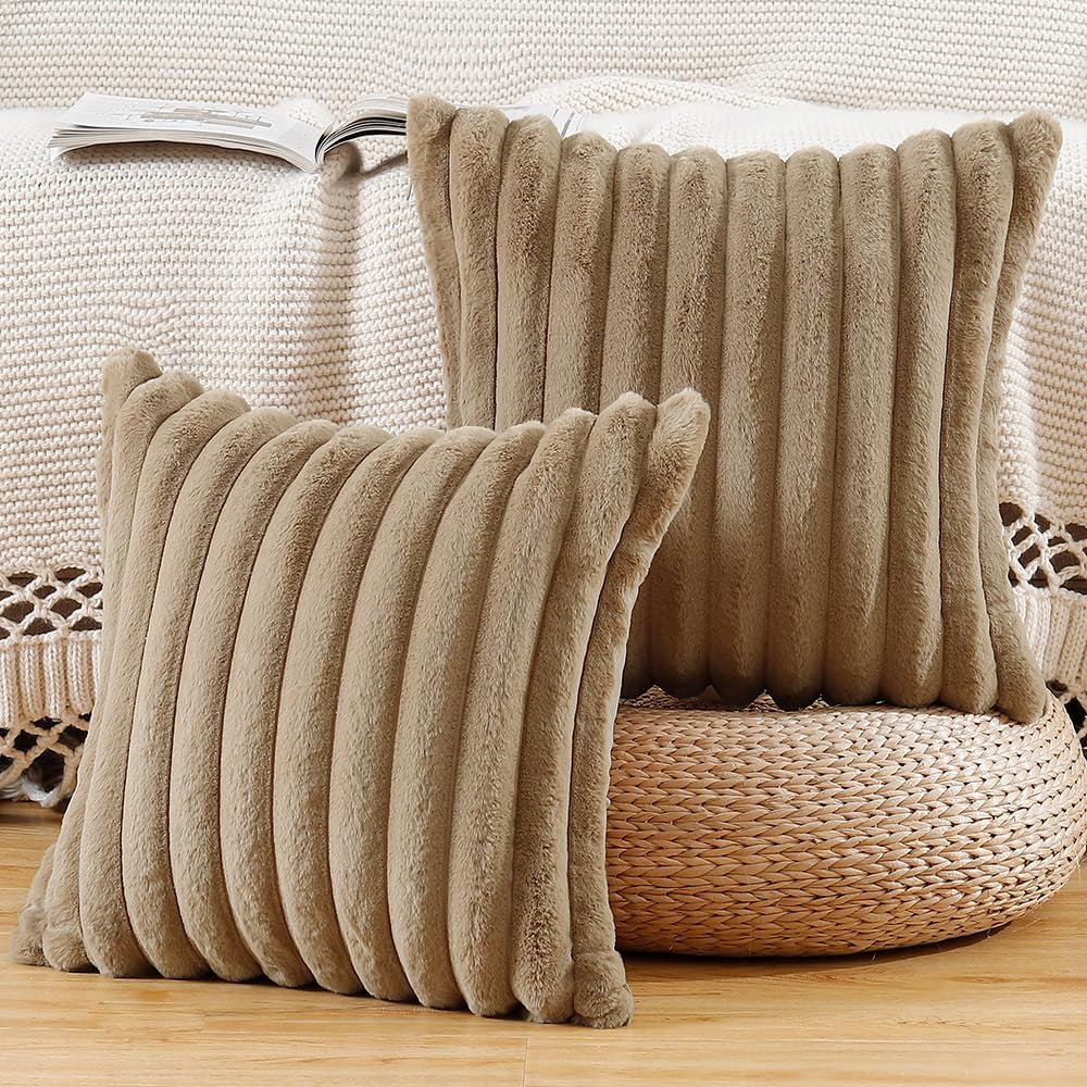 MADIZZ Set of 2 Faux Wool Plush Decorative Throw Pillow Covers 22x22 Inch Brown Fluffy Striped Soft Decorative Cushion Cover for Sofa Bedroom Pillow Shell