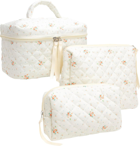 PAZIMIIK 3PCS Makeup Bag SET Large Travel Quilted Zipper Soft Cosmetic Case Pouch for Women Girls Make Up,Floral White