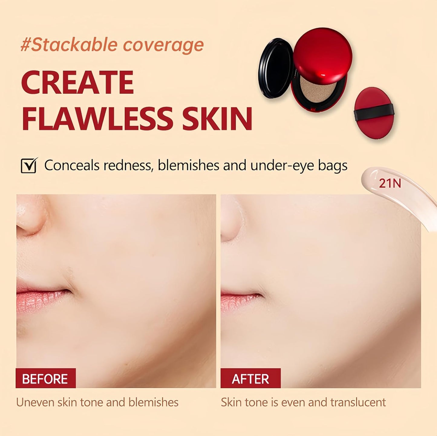 MAEPEOR Cushion Foundation 9 Colors Full Coverage Weightless Satin Glow Foundation Hydrating Long-Lasting Cushion BB Cream (Color 04)