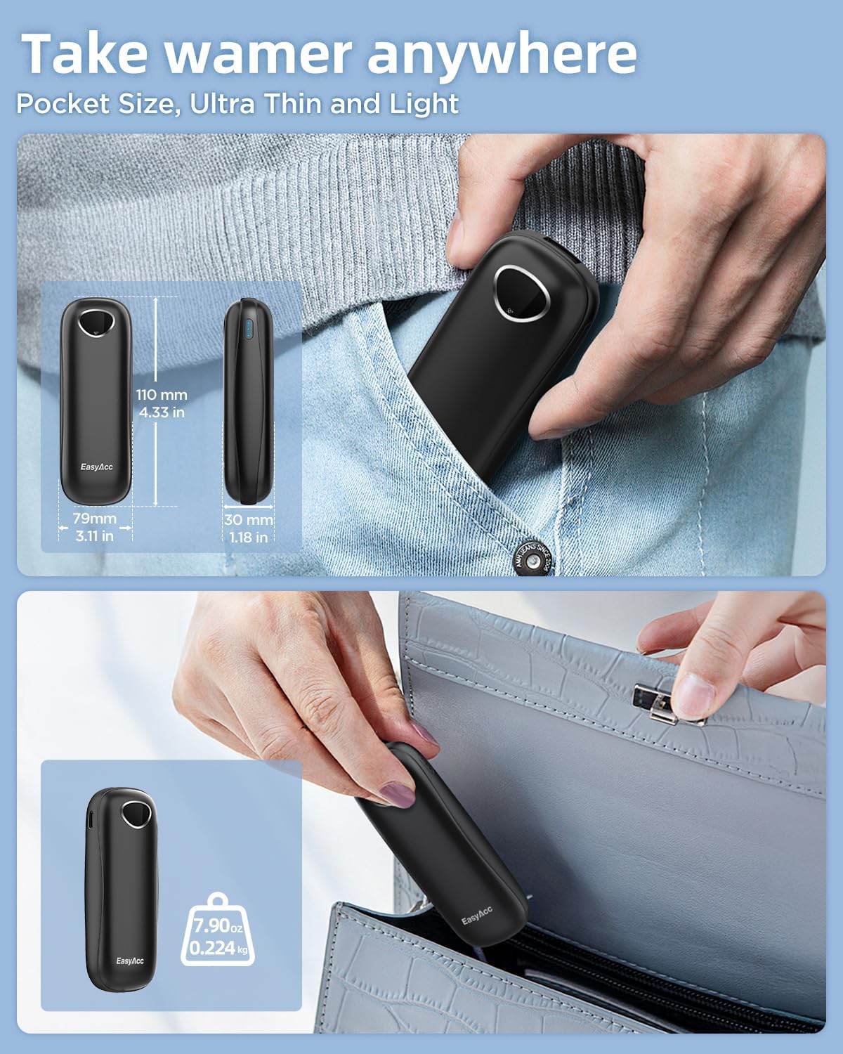 EasyAcc® Pocket Size Hand Warmers Rechargeable, Golf Hunting Hand Warmers, Real 16 Hrs Warmth, Heat Up to 131℉, UL Certified, Gloves Fitting, Golf Raynauds Skiing Essentials, Gifts Women Men