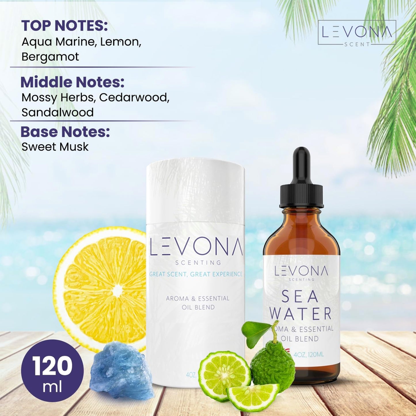 Levona Scent Essential Oils - Scents for Home, Hotel & Office Use - Perfect for Home Diffuser & Humidifiers - Aroma Fragrance Oil, Ideal for Massage, Relaxation, and Spa - Sea Water, 120ml