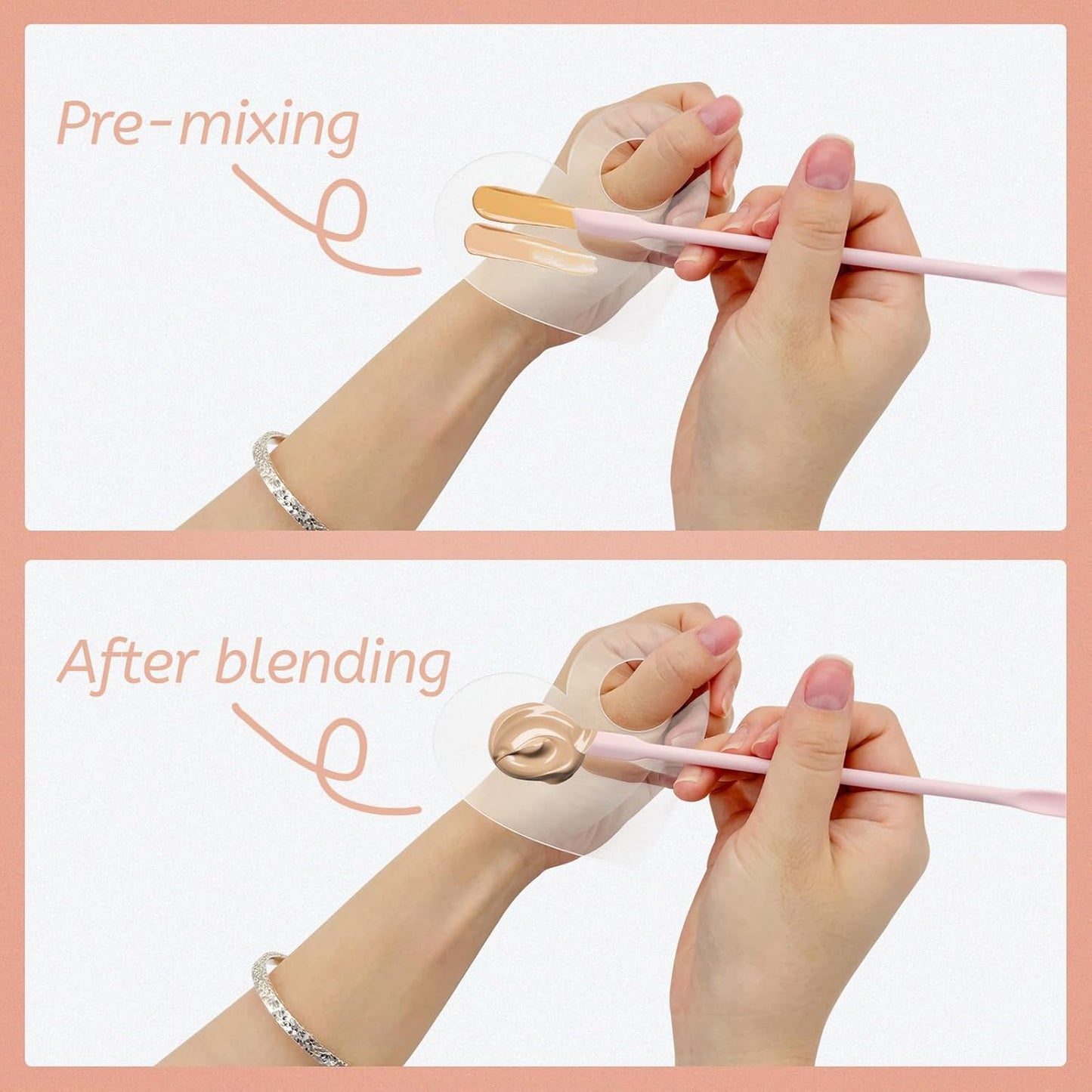 Makeup Mixing Palette Spatula Set, 2PCS Mini Acrylic Makeup Palette & 2PCS Silicone Skincare Spatula, Cream Foundation Palette for Mixing and Save Cosmetics (Pink,Square+Heart)