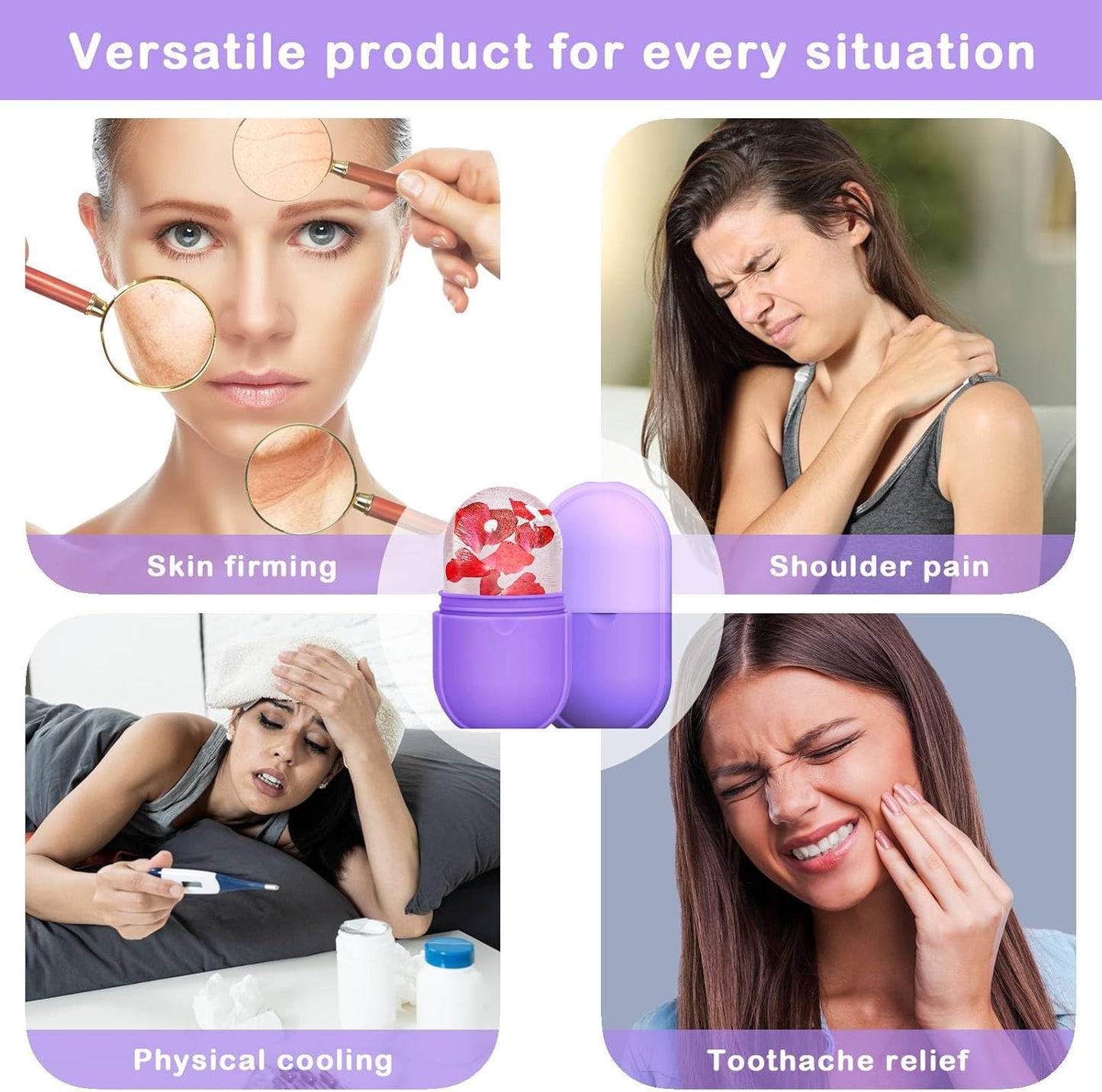 KOGITI Face Ice Roller & Mold - Beauty Facial Massage Tool for Puffiness Relief, Ice Cube Holder (New-Purple)