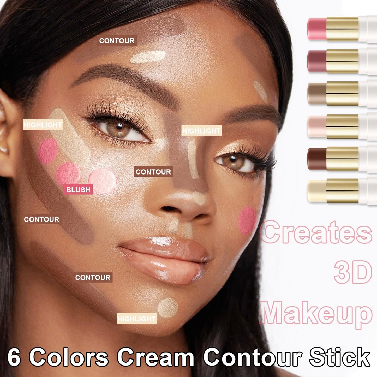 6 Colors Cream Contour Stick Makeup Contour Kit, Double-ended Cream Bronzer for Sculpt, Highlighter and Blush Stick Makeup Kit, Matte & Dewy Finish (SET A)