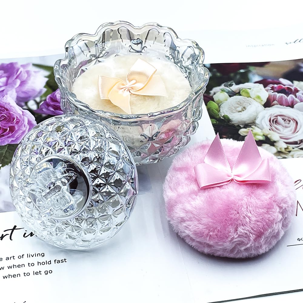 Luxury 4 Inch Glass Powder Container with 2 Soft 3.5" Puffs｜Non-Sealed Refillable Organizer for Body Powder,Makeup & Jewelry｜Setting Powder Applicator w/ Loose Powder Storage(Butterfly-Dazzling Color)