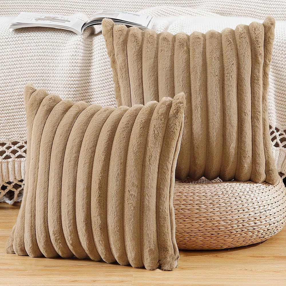 MADIZZ Set of 2 Faux Wool Plush Decorative Throw Pillow Covers 18x18 Inch Camel Fluffy Striped Soft Decorative Cushion Cover for Sofa Bedroom Pillow Shell