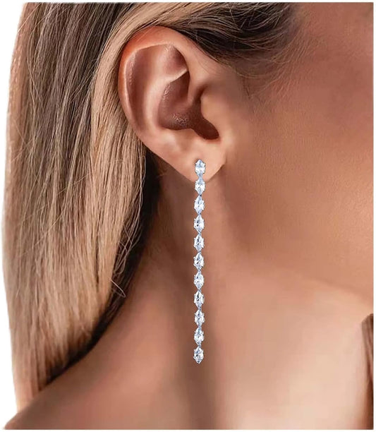 Vintage Rhinestone Chain Drop Earrings Silver Linear Crystal Earrings Sparkle Cz Tassel Earrings Long Cz Chain Stud Earrings Jewelry for Women and Girls
