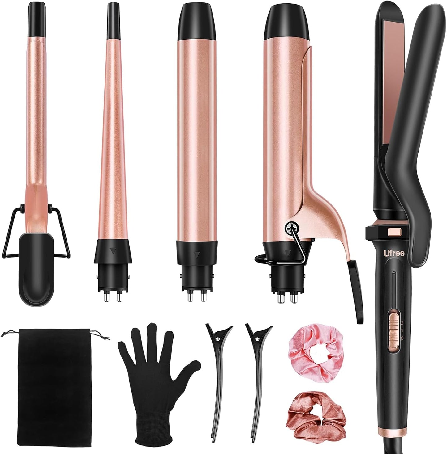 Ufree 5 in 1 Curling Iron with Interchangeable Ceramic Barrels (0.35"-1.25"), Curling Wand Set with Flat Iron Hair Straightener, Instant Heat Up, Dual Voltage Hair Curler, Gifts for Women