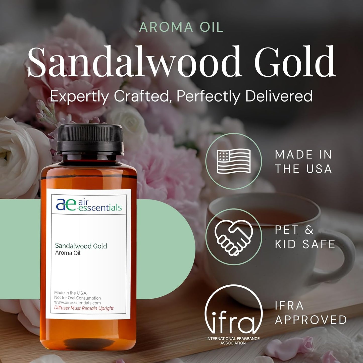 Sandalwood Gold Aroma Oil, Essential Oils Blend for Diffusers & Scent Machines, Sweet Afternoon Tea & Rose, Aromatherapy, Cold Air Diffuser Compatible, 300 mL
