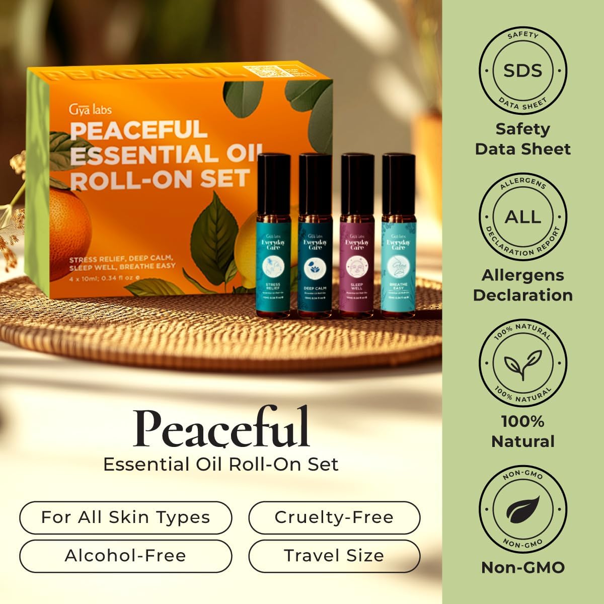 Gya Labs Peaceful Roll on Essential Oils Set - 100% Pure Natural Relaxing Gift for Women & Men - Blend for Calming, Refreshing, Stress Comfort, Aromatherapy Essential Oil Gift Set (0.34 Fl Oz Each)
