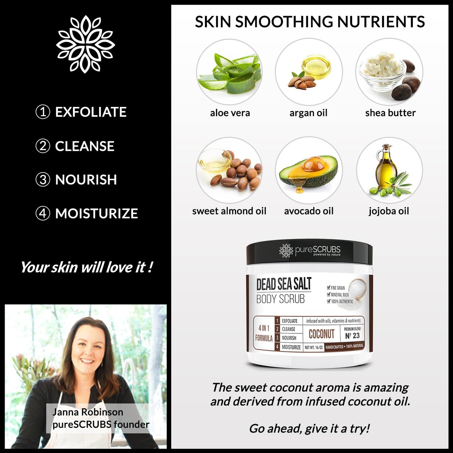 pureSCRUBS Premium Coconut Body Scrub Set - Large 16oz Dead Sea Salt Body Scrub With Infused Essential Oils & Nutrients, Includes Wooden Spoon, Loofah & Oatmeal Exfoliating Bar Soap