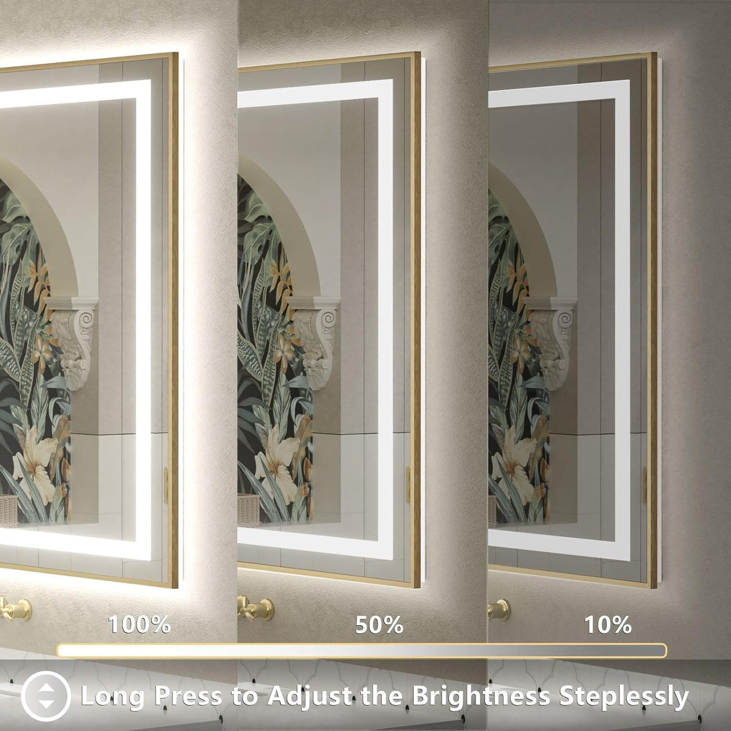 OKPAL 72x36 LED Bathroom Mirror Gold Metal Framed Front & Back Light, Lighted Bathroom Mirror with Lights, Anti-Fog, Dimmable, 3 Colors, Shatterproof, ETL Listed, Horizontal/Vertical