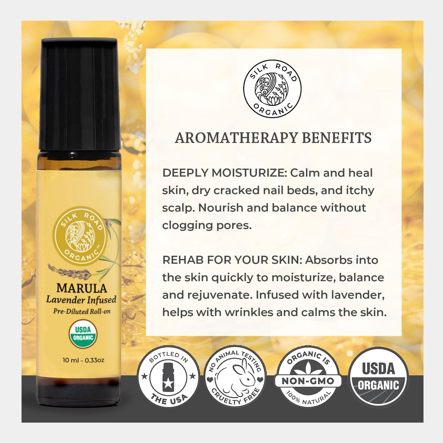 Silk Road Organic Marula Seed & Lavender Essential Oil, 100% Pure USDA Certified Aromatherapy, Deep Hydration for Face, Body, Lips, Hair, Nails - 10 ml Roller by Silk Road Organic