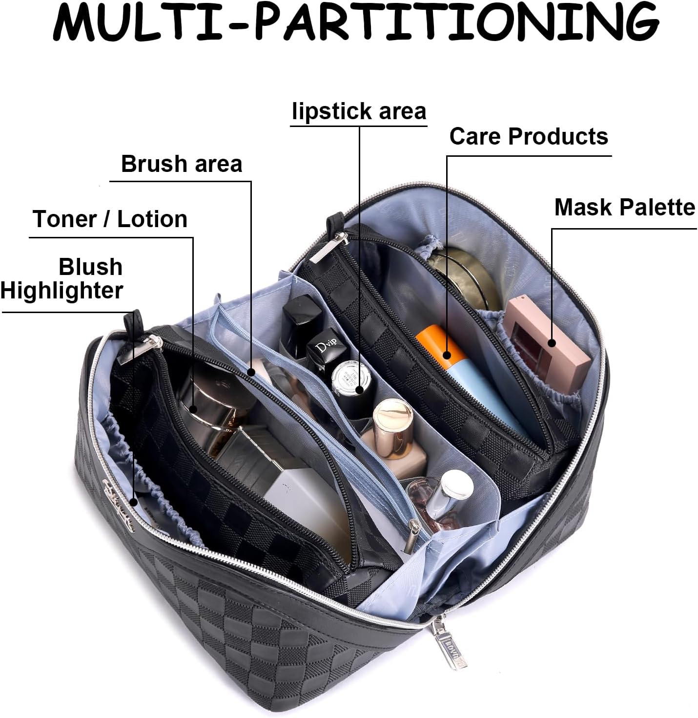 BOYATU Travel Makeup Bags for Women: Vegan Leather Cosmetic Bag Set of 3 - Large Capacity Make up Bag with Divider - Wide Open Waterproof Toiletry Organizer Bag with Handle (L13-Black)