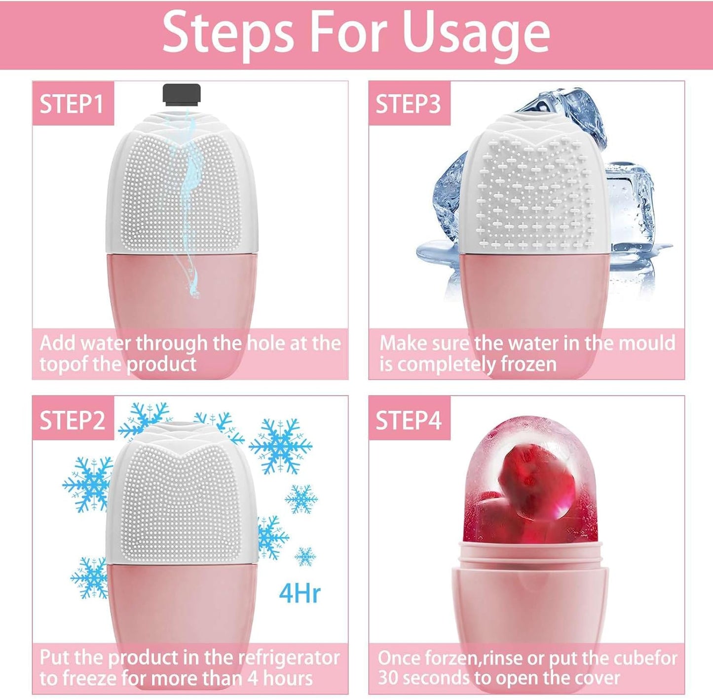 KOGITI Ice Mold for Face & Eye, Beauty Facial Roller, Puffiness Relief Massage Skin Care Tool, Ice Cube Holder (Brush-Pink White)
