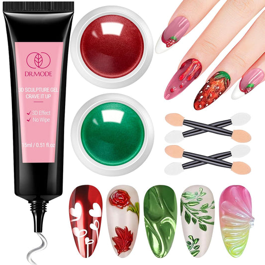 DRMODE 3D Nail Gel and Chrome Nail Powder Kit, Christmas Red Green Metallic Mirror Nail Chrome Powder Glitter, 3 in 1 No Wipe Clear 3D Sculpting Gel for Nail Art Carving Molding Rhinestone Glue 15g