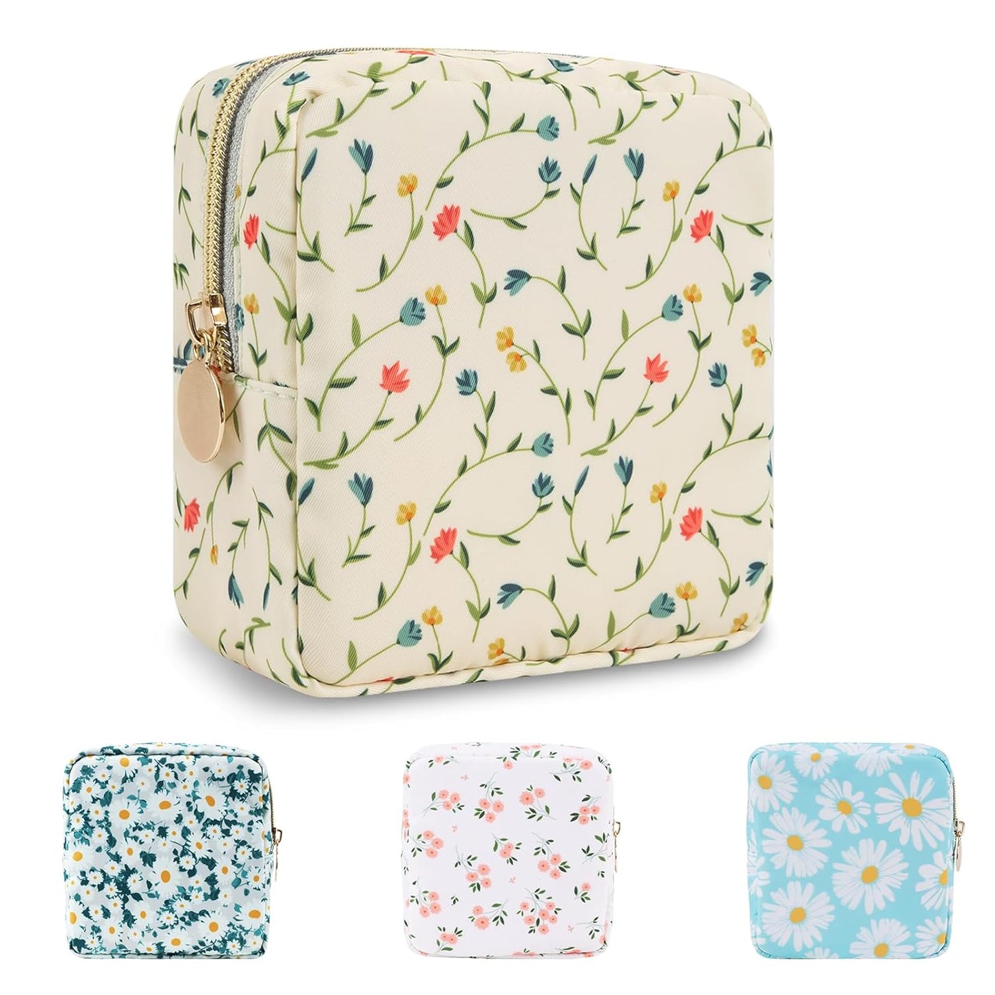 Waterproof Mini Floral Makeup Bag Pouch for Purse,Nylon Flower Cosmetic Bag Small Preppy Toiletry Organizers Bag for Women Girl,Cute Zipper Pouch Coin Purse for Work(Mini Light Yellow-Flowers)