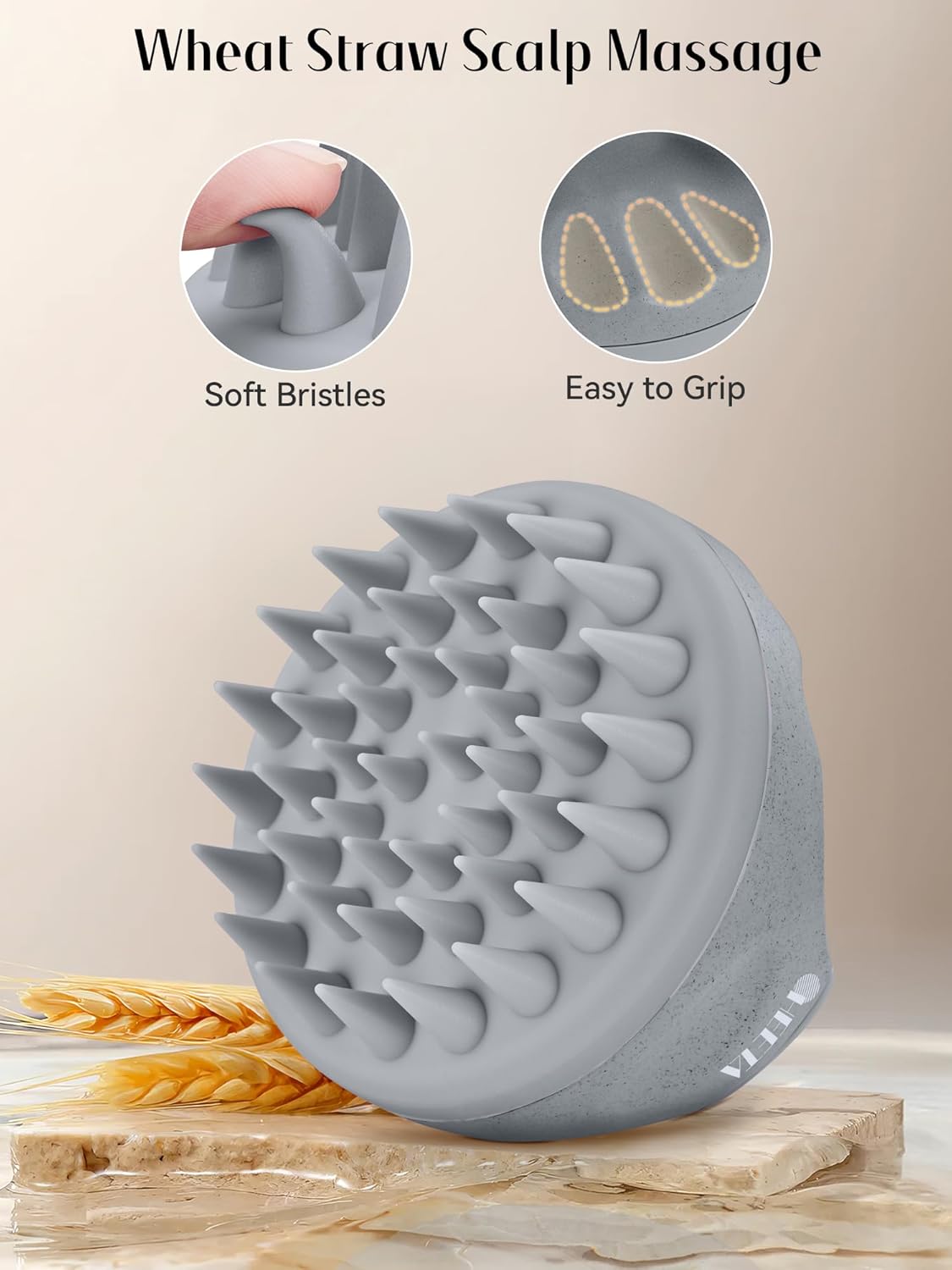 HEETA Hair Brush, Hair Growth Scalp Massager with Soft Silicone Bristles to Remove Dandruff, Relieve Itching & Relax Scalp, Shampoo Brush for Wet Dry Hair Care, Beige & Grey, 2 Count