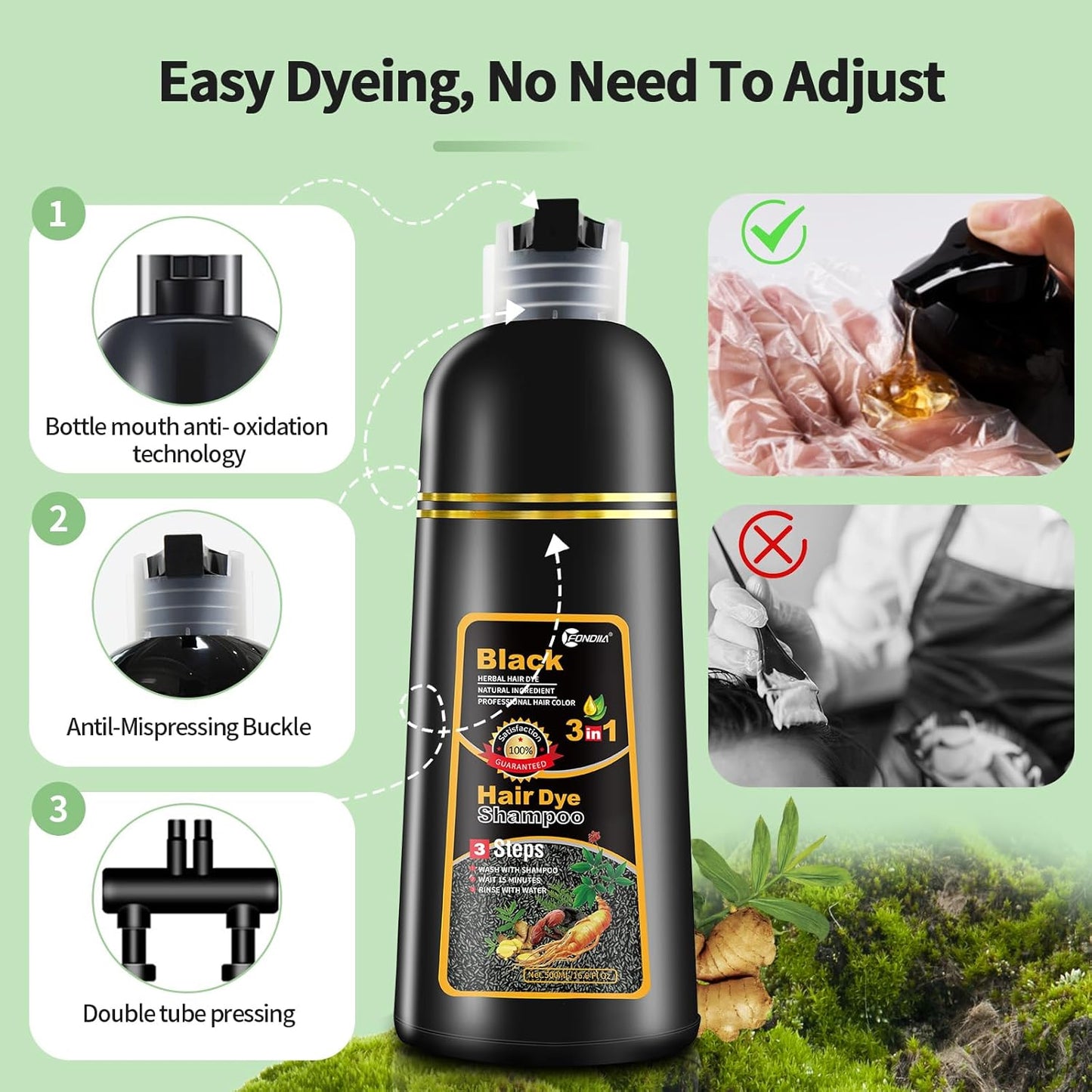 Leorx Black Hair Dye Shampoo, 16.9 Fl Oz - 3 In 1 Color For Gray Hair Instant Herbal Coloring For Women & Men - Ammonia Free