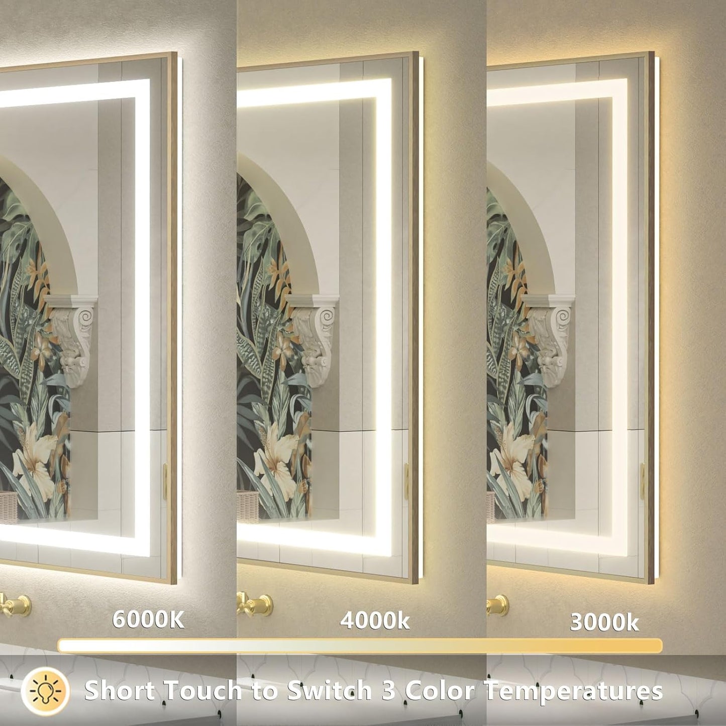 OKPAL 48x36 Gold LED Mirror for Bathroom with Frontlit & Backlit, Metal Framed Lighted Bathroom Mirror with Lights, Anti-Fog, Dimmable 3 Colors, Shatterproof, Horizontal/Vertical