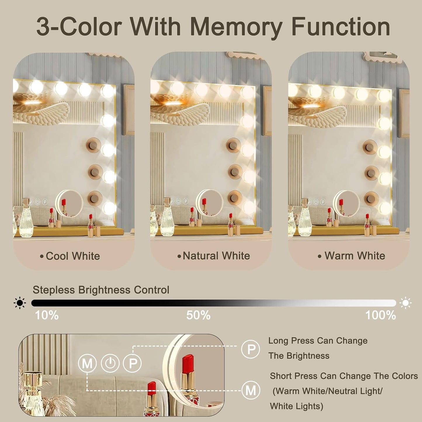 Gold Hollywood Vanity Mirror with Lights, 15 Dimmable Bulbs, 3 Color Lights,Make Up Lighted Mirror, Aluminum Metal Frame, USB Charging Port（23" x 18"）