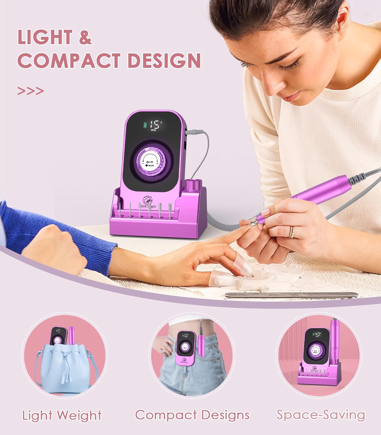 Professional Nail Drill Electric File: 40000RPM Portable Nail File Machine, Rechargeable Cordless Nail E-File with Bits & Base for Acrylic Nails Remove Nail Gel Polish Manicure for Salon Home, Purple