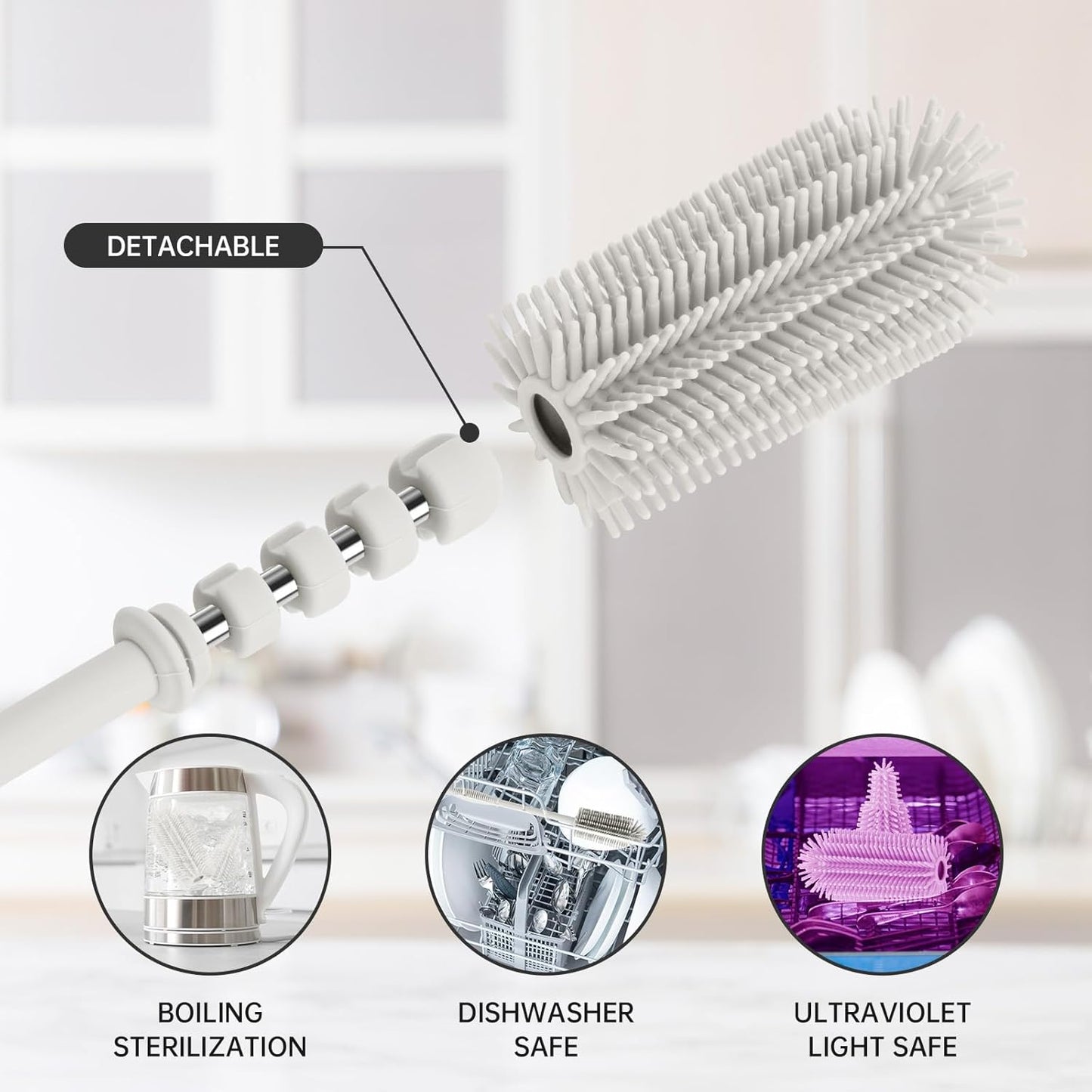 Baby Bottle Brush and Straw Cleaner Brush Set, Extra Long Double-Ended Soft Silicone Brush Cleaner for Baby Bottles, Water Bottles, Cups, Breast Pumps, Detachable & Hangable