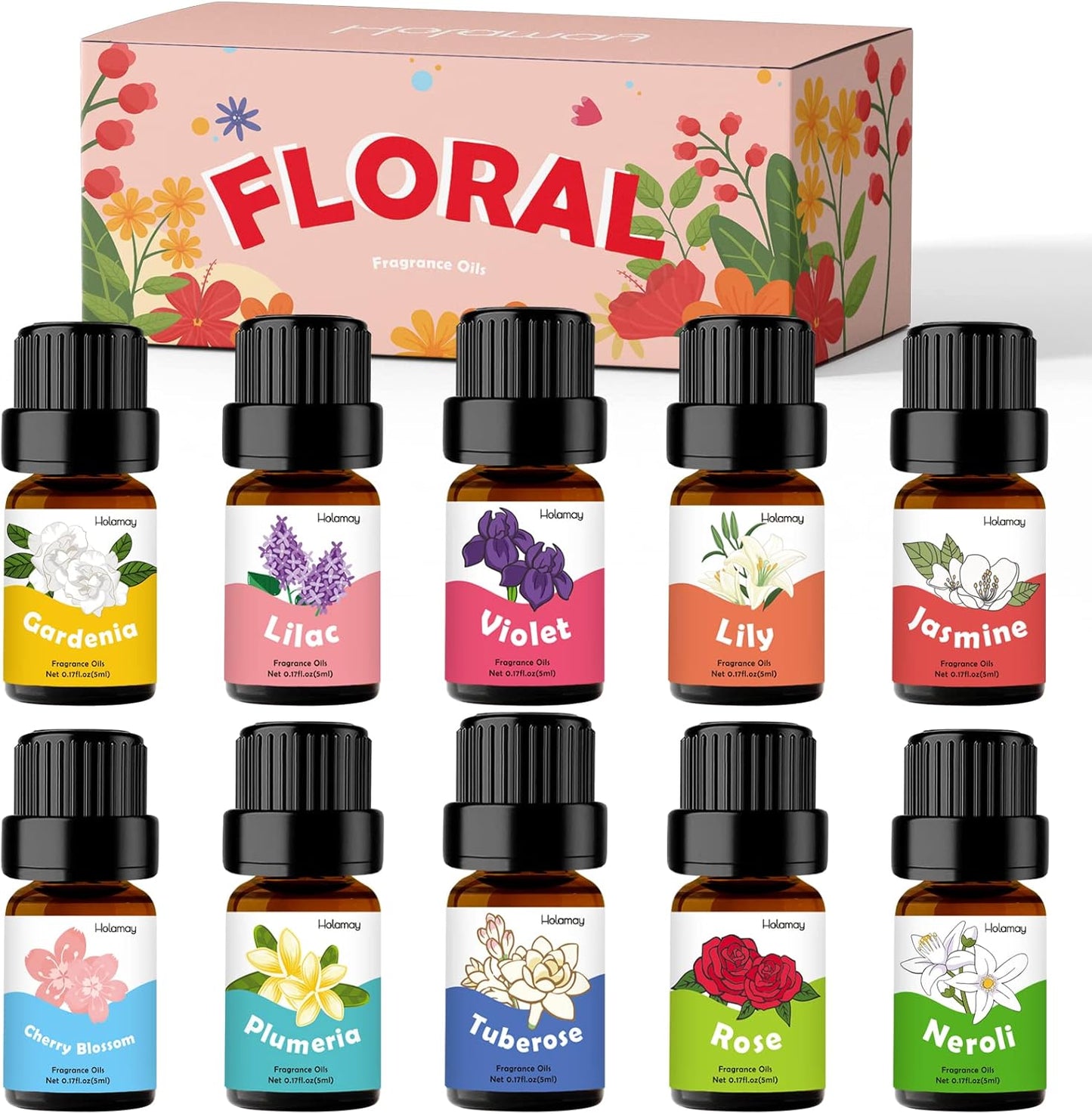Floral Essential Oils, Holamay Premium Fragrance Oil for Candle Making, 5mlx10, Soap Making Scents - Rose, Jasmine, Neroli, Gardenia, Lilac and More, Aromatherapy Essential Oils for Diffusers for Home