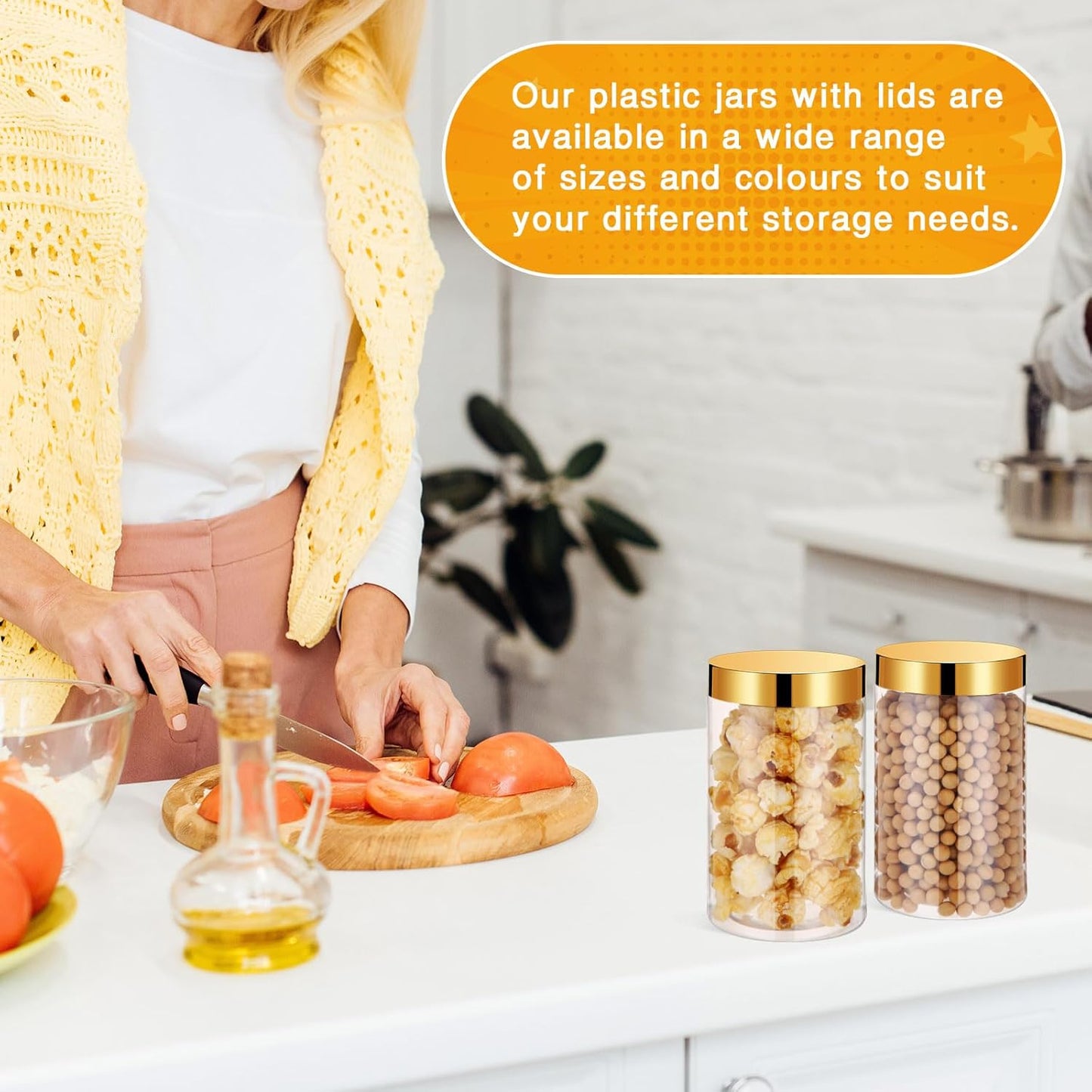 SATINIOR 24 Pieces Empty Clear Plastic Jars with Lids Round Storage Containers Wide Mouth for Beauty Product Cosmetic Cream Lotion Liquid Butter Craft and Food(Gold Lid,12 oz)