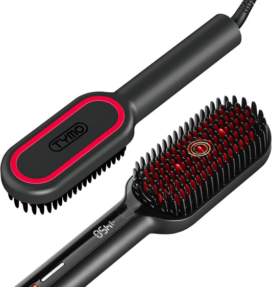 TYMO Hair Straightener Brush - Upgraded Ionic Plus Straightening Brush with Dense Bristles, 16 Temps, Dual Voltage | Ceramic Hot Comb for Women | Flat Iron for Thick Curly Hair, Black