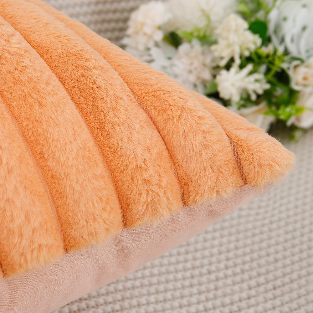 MADIZZ Set of 2 Faux Wool Plush Decorative Throw Pillow Covers 26x26 Inch Orange Fluffy Striped Soft Decorative Cushion Cover for Sofa Bedroom Pillow Shell