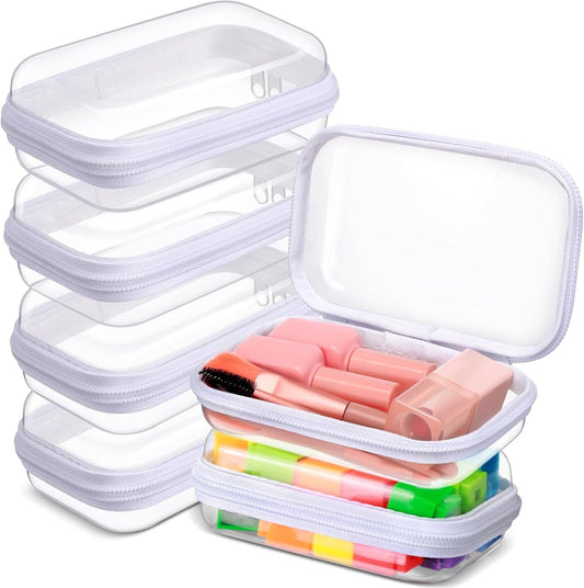 Sanwuta 6 Pcs Clear Hard Zipper Case Pencil Pouches Hard Plastic Zipper Pouches Makeup Bag Transparent Cases for Snacks Plastic Storage Organizer Box for Travel(White,5 x 3 x 2 Inch)