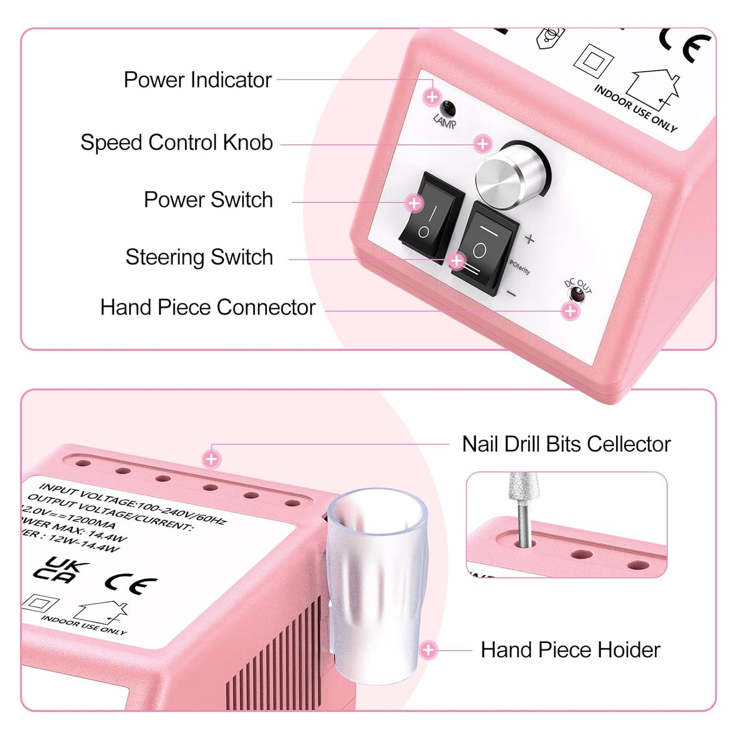 JIASHENG Nail Drill, 20000rpm Professional Electric Nail Drill Machine, Electric Nail File Drills for Acrylic Nails Gel Nails Manicure Pedicure Tools for Salon Use, Pale Pink