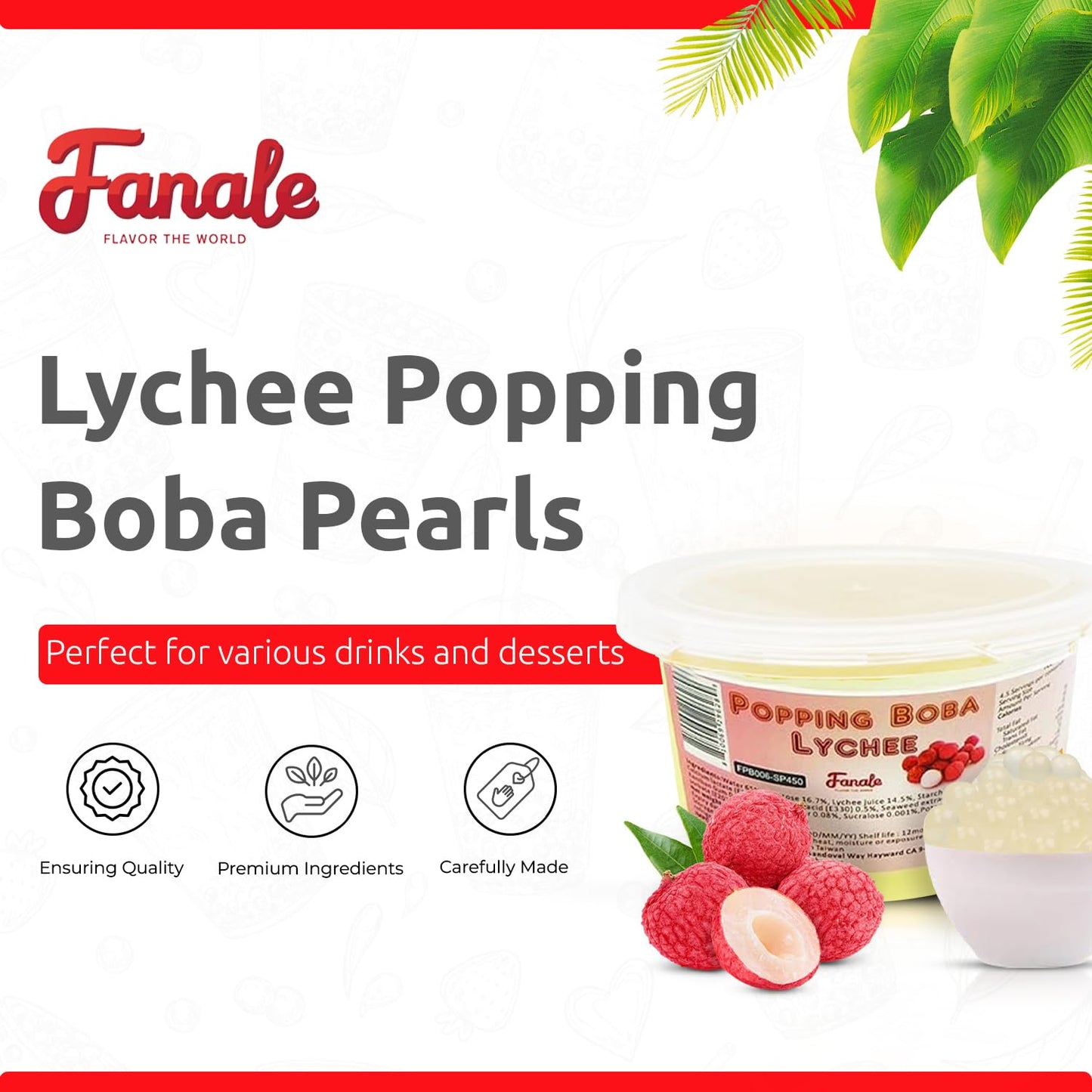 Fanale Lychee Popping Boba Pearls, Vegan, Non GMO, Gluten Free, Fat Free, Perfect for Bubble Tea, Smoothies, Ice Cream, Desserts, and Beverages1 Pound (Pack of 1).