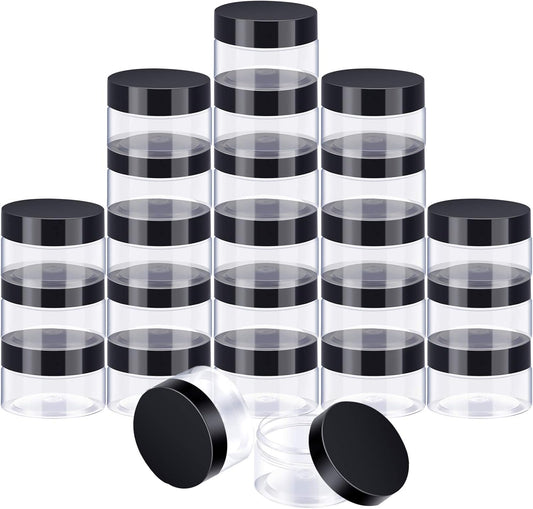 SATINIOR 24 Pieces Empty Clear Plastic Jars with Lids Round Storage Containers Wide-Mouth for Beauty Product Cosmetic Cream Lotion Liquid Butter Craft and Food (Black Lid, 4 oz)