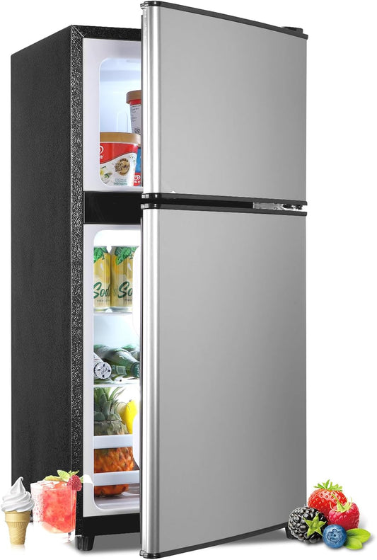 Mini Fridge with Freezer, 3.6 Cu. Ft. Adjustable Thermostat Compact Fridge with Freezer,Office Mini Refrigerator with Freezers, Small Size Dorm Fridges for Apartment,Dorm,Kitchen,Office,Silver