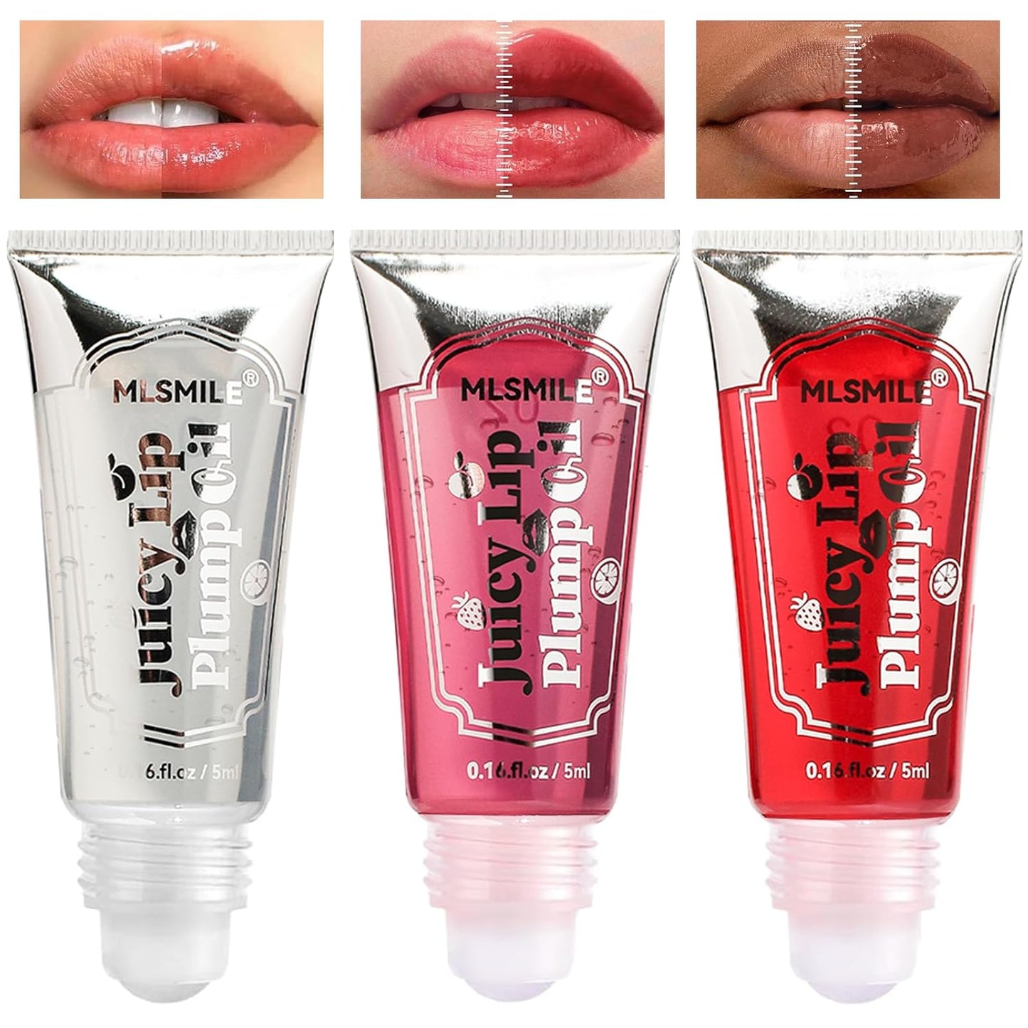 3Pcs Lip Plumper Gloss Set, Roll On Plumping Lip Oil Hydrating Glossy Lipstick Lip Care Serum Enhancer Nourishing Non-sticky High-Shine Lip Glass Mirror Glaze for Fuller Lips Mask Makeup-A