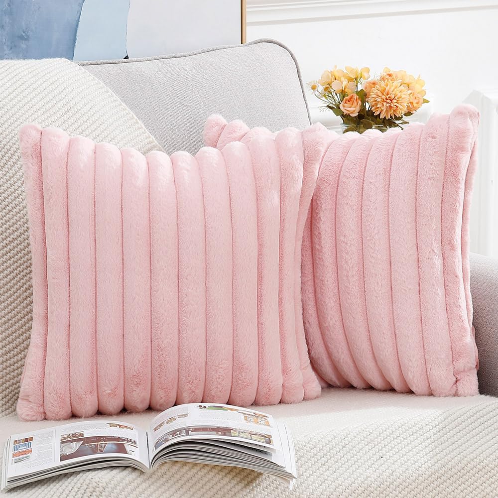 MADIZZ Set of 2 Faux Wool Plush Decorative Throw Pillow Covers 22x22 Inch Pink Fluffy Striped Soft Decorative Cushion Cover for Sofa Bedroom Pillow Shell