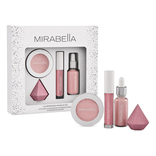Mirabella 4-Piece Makeup Set for Women & Girls, Illuminizing Holiday Gift Set - Make-Up Set Includes Lip Gloss, Glow Drops, Powder Highlight & Blender Sponge - Talc-Free & Paraben Free Cosmetic Set