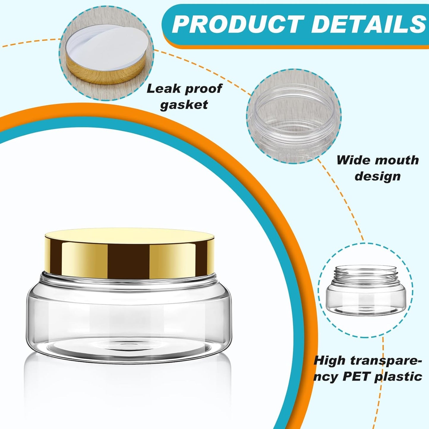 Tessco 24 Pack Plastic Jars with Lids Labels Empty Clear Plastic Jars Round Refillable Cosmetic Containers Body Butter Containers Bulk Sugar Scrub Bottle for Make Up(5 oz,Gold)