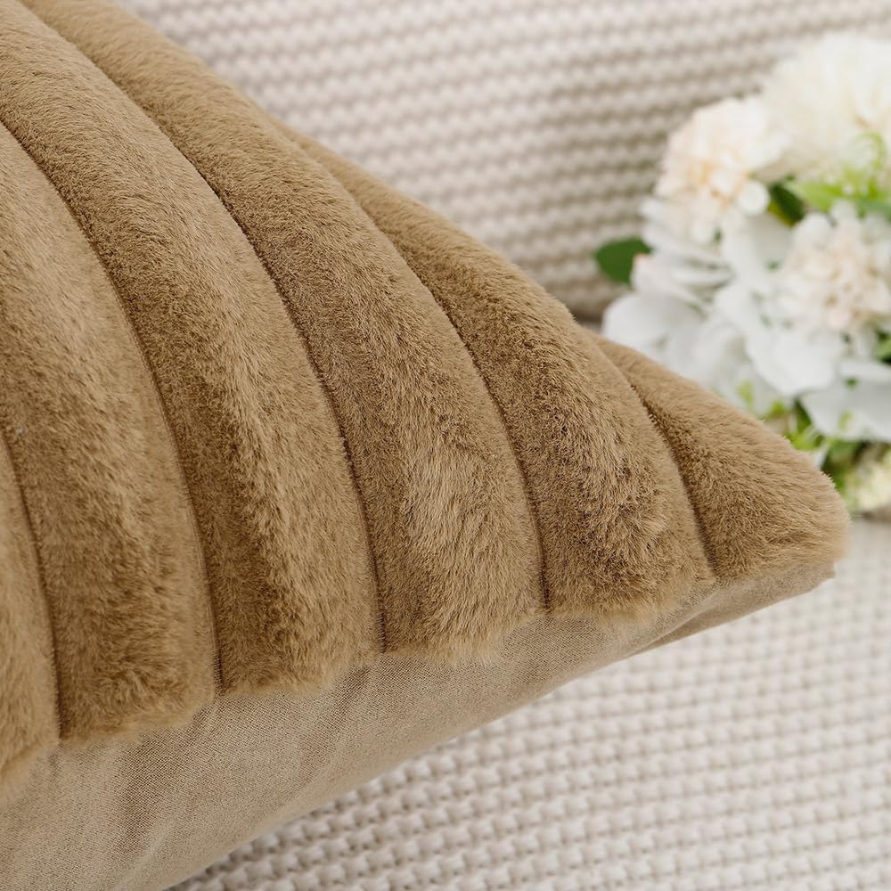 MADIZZ Set of 2 Faux Wool Plush Decorative Throw Pillow Covers 22x22 Inch Camel Fluffy Striped Soft Decorative Cushion Cover for Sofa Bedroom Pillow Shell