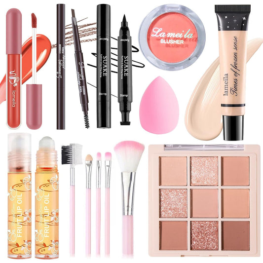 Makeup Set for Girls Teens Women, Makeup Present Set, Makeup Kit, Includes Eyeshadow Palette, Foundation, Blusher, Eyebrow Pencil, Eyeliner, Lip Gloss, Lip Oil, Makeup Brushes & Sponge