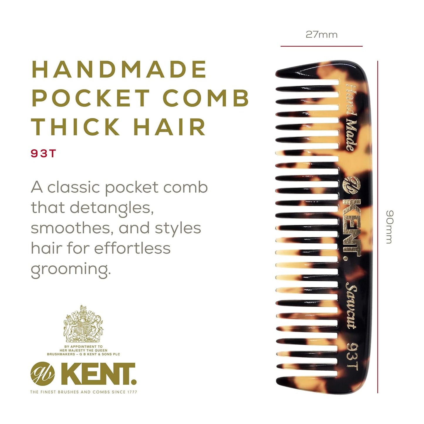 Kent 93T Tokyo Yellow Wide Tooth Small Comb for Men's Mustache and Beard Grooming, Pocket Sized Detangler Travel Comb, Saw-Cut and Polished, Handmade in England