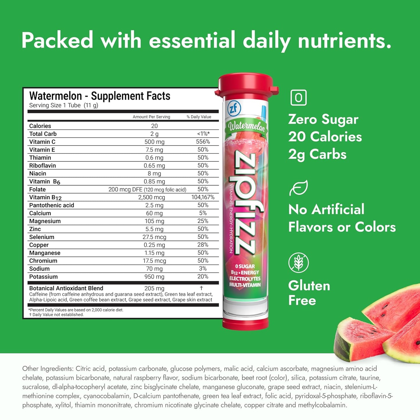 Zipfizz Daily Energy Drink Powder, Watermelon, 20 Pack | 3-in-1 Sustained Energy, Rapid Hydration, and Essential Vitamins | Sugar-Free | Electrolyte Powder | Contains Vitamin B-12 & Antioxidants