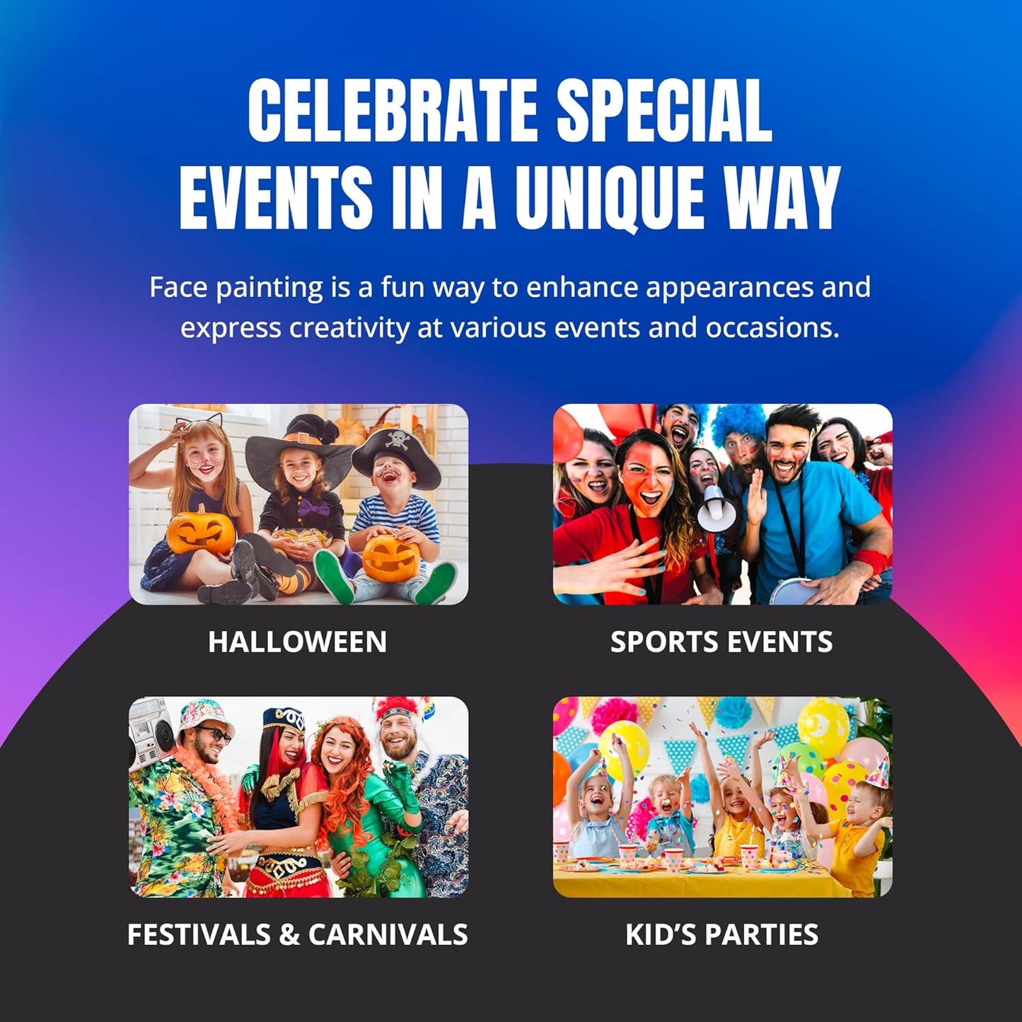 Professional Face Painting Palette - Skin Friendly Face Paint Kit - Cruelty-Free & Vegan Water Based Face Paint Makeup for Theatre, SFX & Halloween- 8 Colors 5g Each- Splashes & Spills- Regular Colors