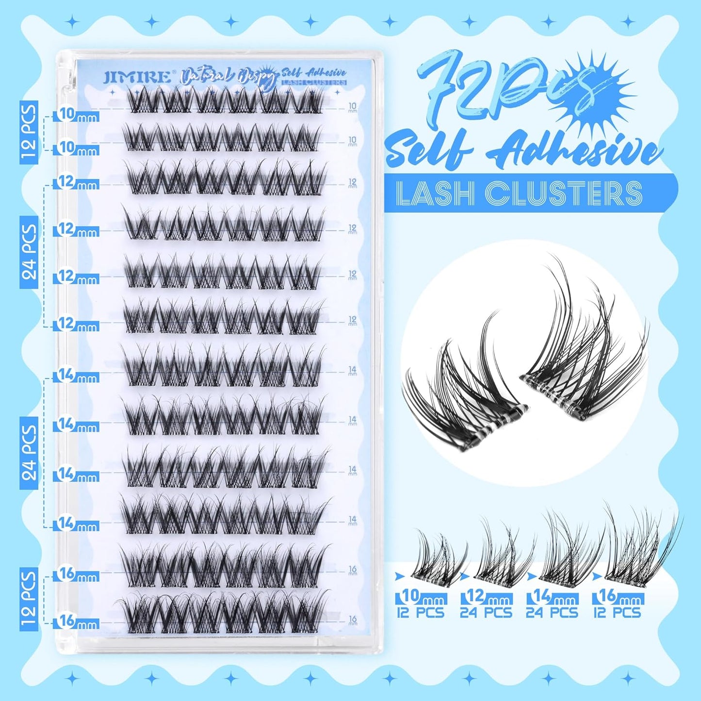 Natural Self Adhesive Eyelashes 10-16MM Wispy Press on Lashes Pre Glued Lash Clusters No Glue Needed Press on Eyelash Clusters Reusable Self Adhesive Lash Clusters Easy to Apply by JIMIRE