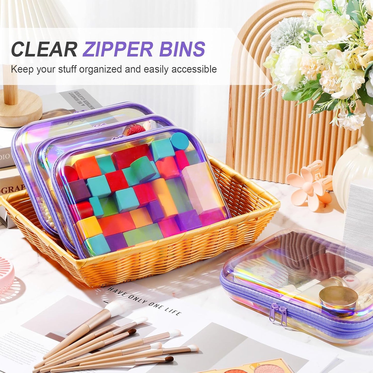 Hoolerry 4 Pcs Hard Clear Zipper Case Makeup Bags Plastic Pencil Pouch Transparent Storage Box Containers for Cosmetics, Snacks, Building Blocks, Puzzles(Purple Laser,9.8 x 7.9 x 2 in)